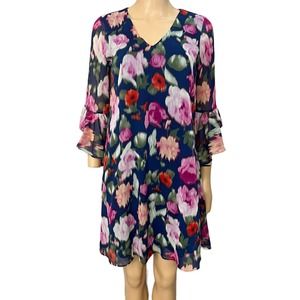 Calvin Klein Floral Shift Dress Bell Sleeve Chiffon Watercolor